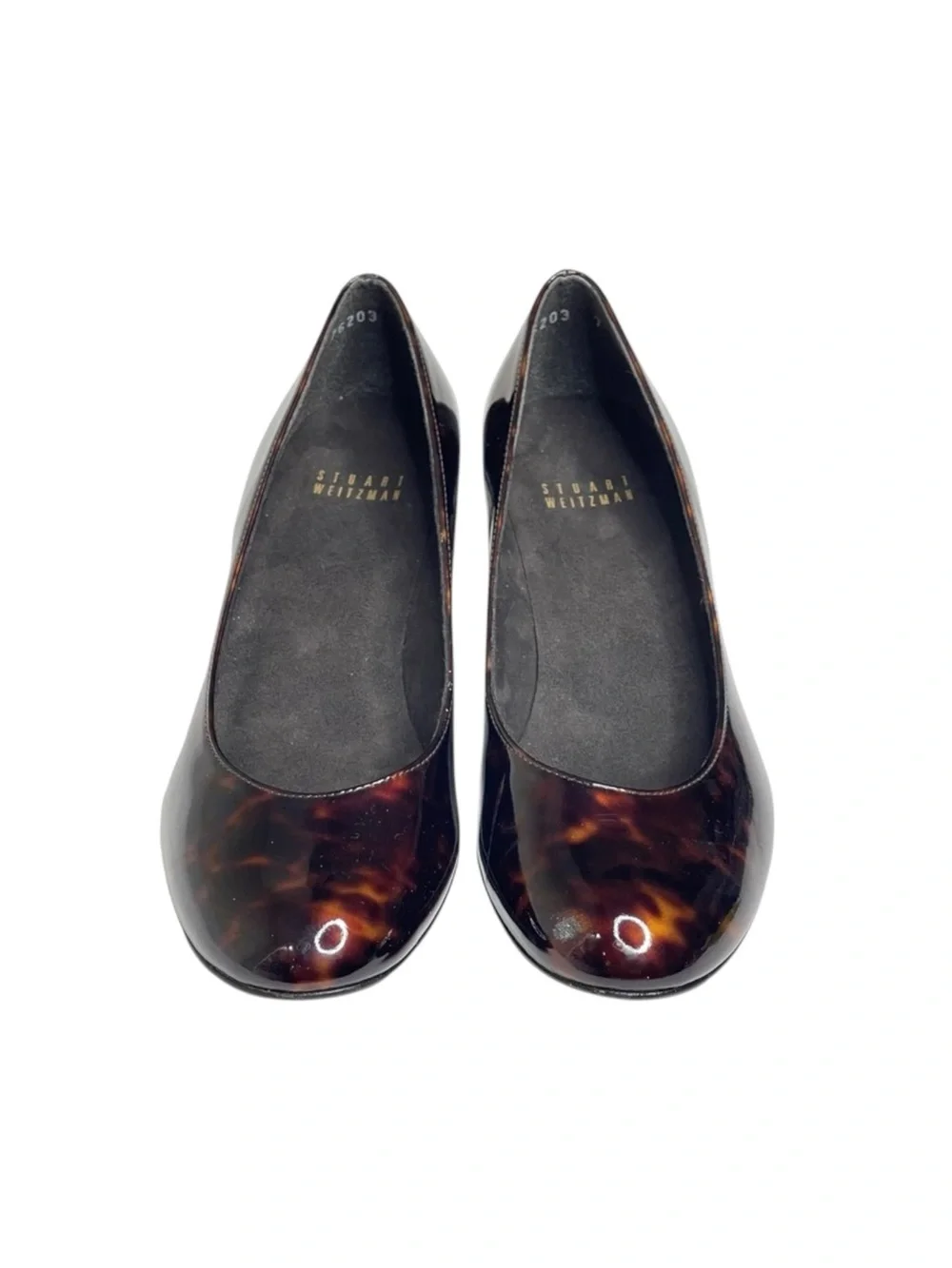 new Stuart Weitzman ᪥ Nusimple Patent Demi Wedge Heel Loafer ᪥ Cognac Tortoise 7